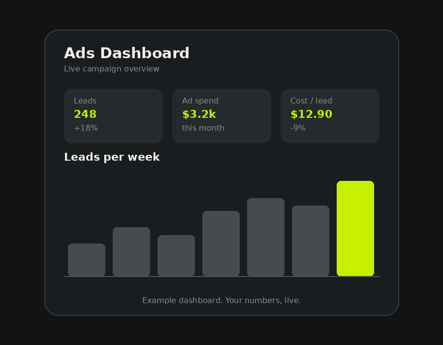 Example ads dashboard showing leads and spend overview