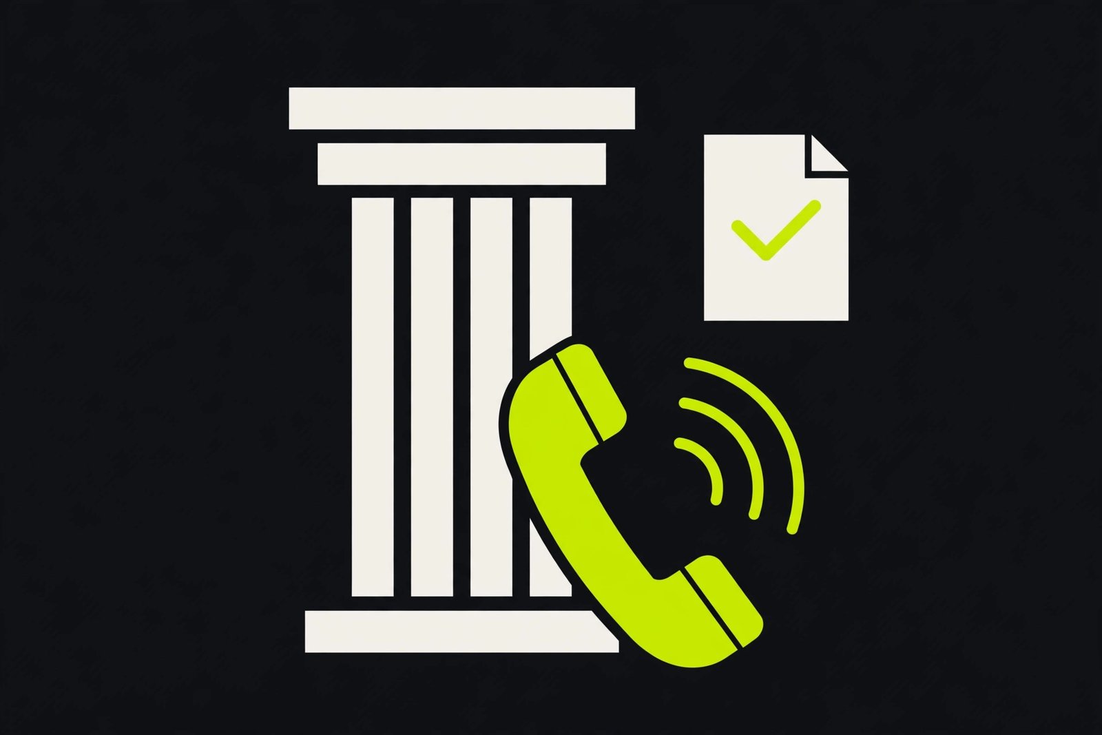 AI receptionist handling intake calls for a law firm, illustrated with a courthouse column and phone