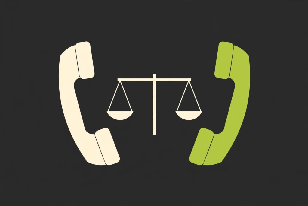 AI receptionist versus human receptionist comparison illustrated with two phones and a balance scale